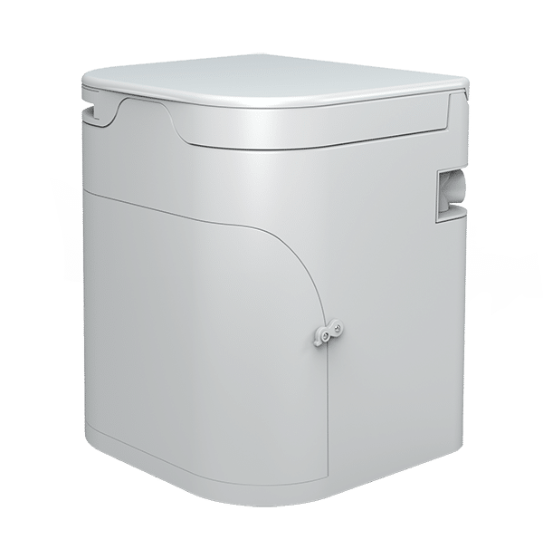 On a white background we see the OGO Origin composting toilet with a sleek rectangular design that's easy to clean. 