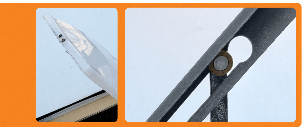 Two photos in one panel. Left hand side shows two screws that you can remove. Second panel shows the process for removing the metal track from the van lid hinge
