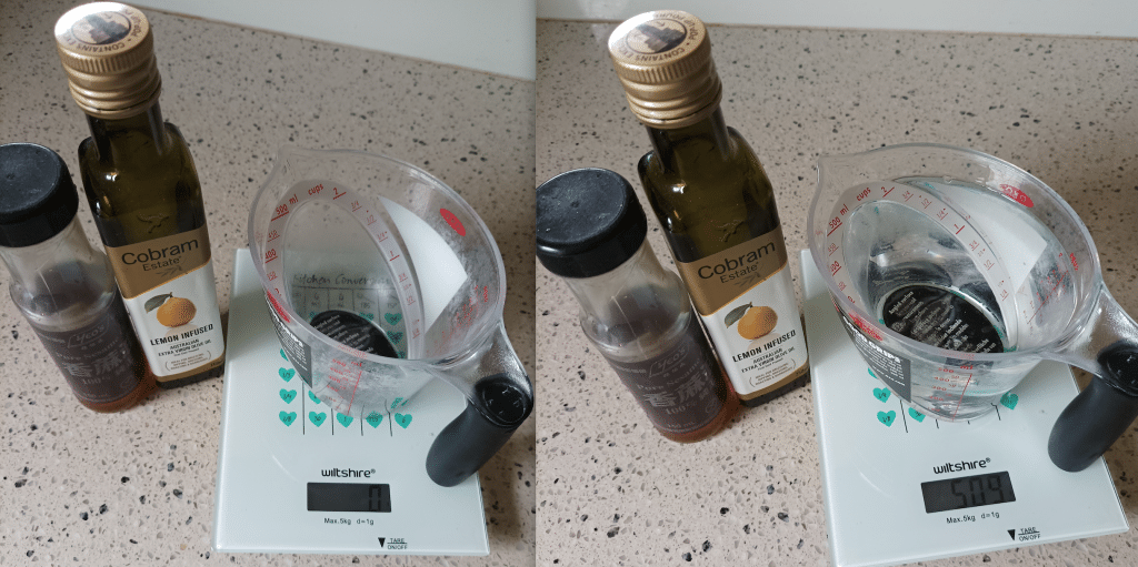 Two photos of a jug on a scale, with the jug weight zeroed, illustrating the weight found in water helping caravanners visualise the impact of storing liquids. Condiments next to the scale help caravanners make that connection