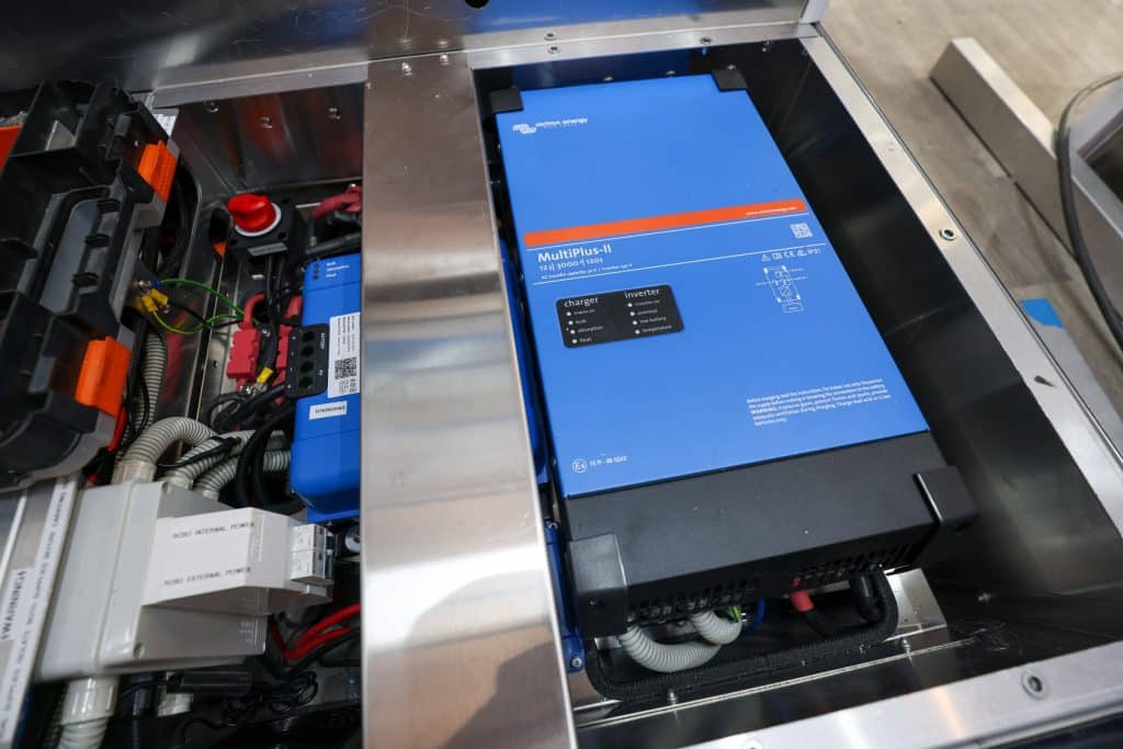 The MultiPlus-II provides fast 120Ah mains charging and 3000W at camp for running multiple high powered devices - neatly mounted here in the Paragon's robotically built chassis