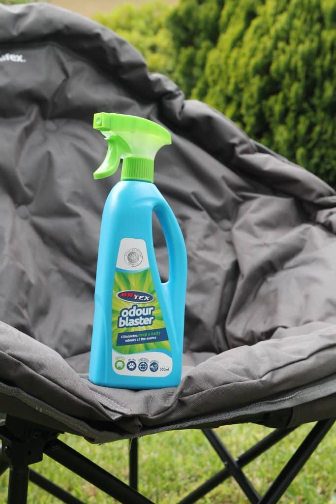 Britex Odour Blaster resting on a camp chair. An effective solution that left no residue on our moon chair's waterproof surface
