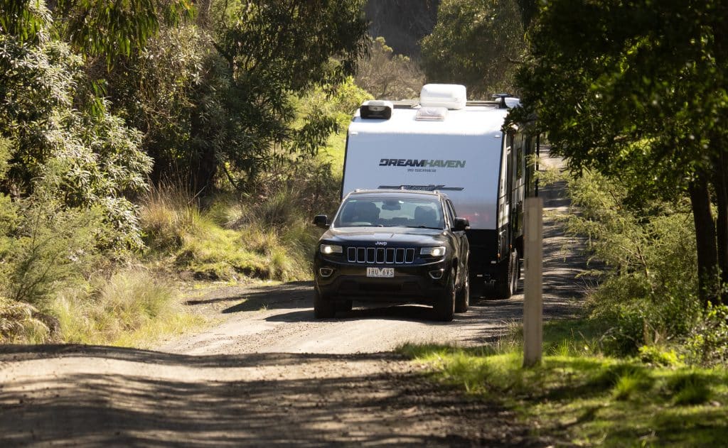 Crusader launched a new brand, the Australian made Dreamhaven caravab, seen here on a dirt road in natural surrounds