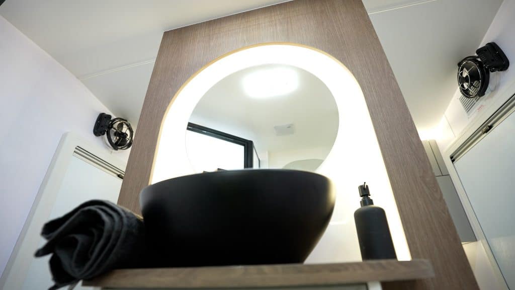 Up close view of the front facing handbasin, an innovation that helps to create two living/sleeping quarters. See it at theJB stand at Melbourne Leisurefest